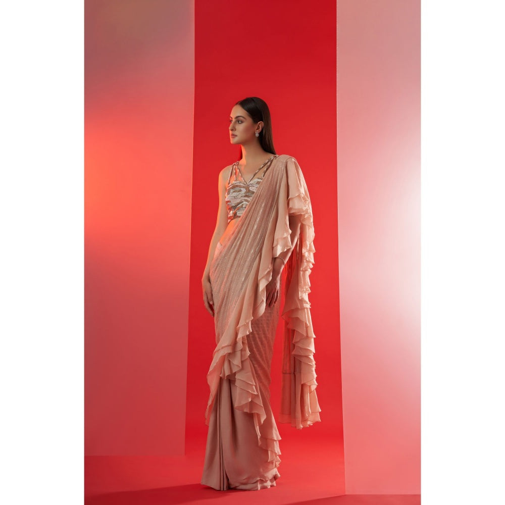 Suruchi Parakh Nude Embroidered Pre Drape Saree and Blouse with Stitched