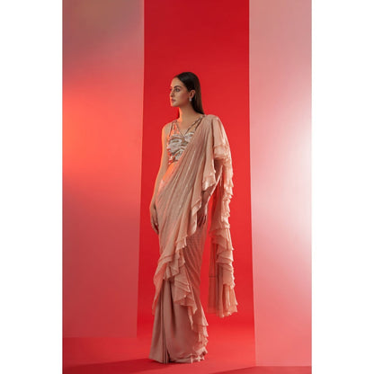 Suruchi Parakh Nude Embroidered Pre Drape Saree and Blouse with Stitched