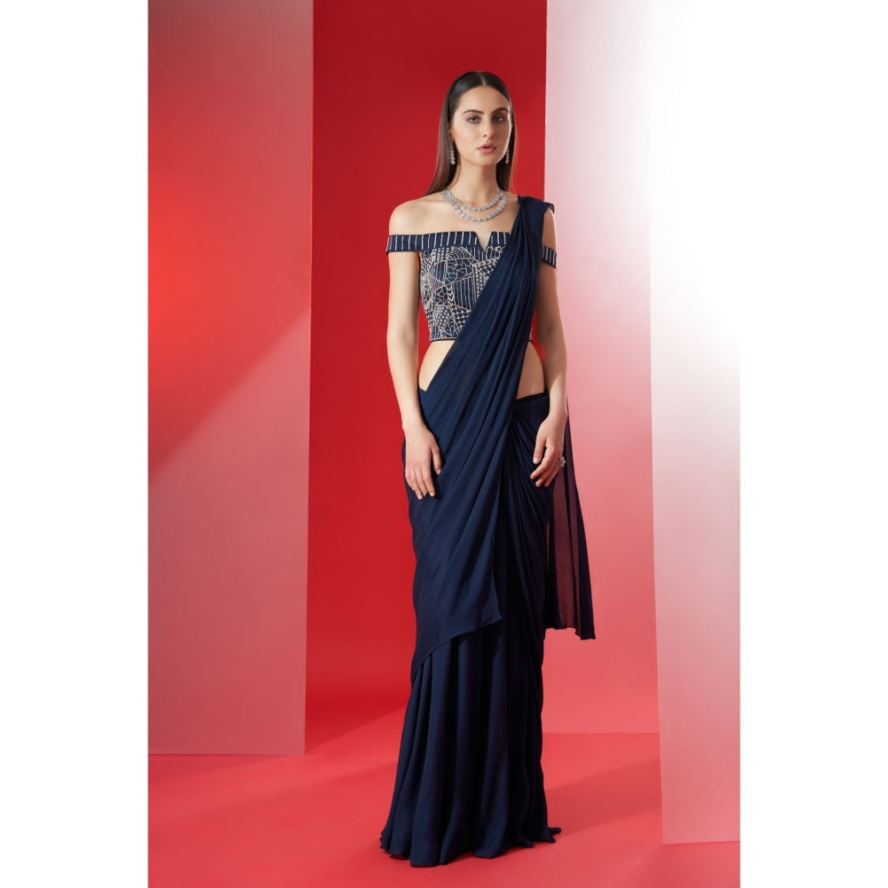 Suruchi Parakh Navy Blue Embroidered Pre Drape Saree and Blouse with Stitched
