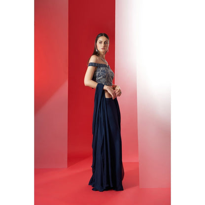 Suruchi Parakh Navy Blue Embroidered Pre Drape Saree and Blouse with Stitched