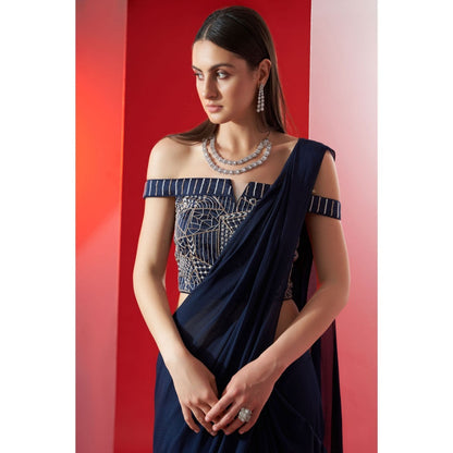 Suruchi Parakh Navy Blue Embroidered Pre Drape Saree and Blouse with Stitched