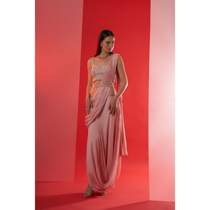 Suruchi Parakh Pink Embroidered Pre Drape Saree with Belt and Blouse with Stitched