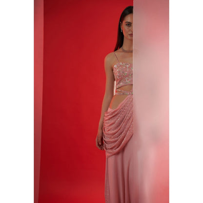 Suruchi Parakh Pink Embroidered Pre Drape Saree with Belt and Blouse with Stitched