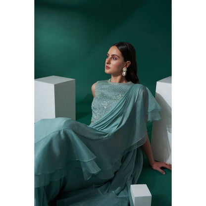 Suruchi Parakh Green Embroidered Pre Drape Saree and Blouse with Stitched