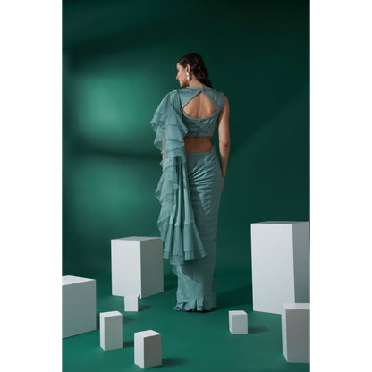 Suruchi Parakh Green Embroidered Pre Drape Saree and Blouse with Stitched