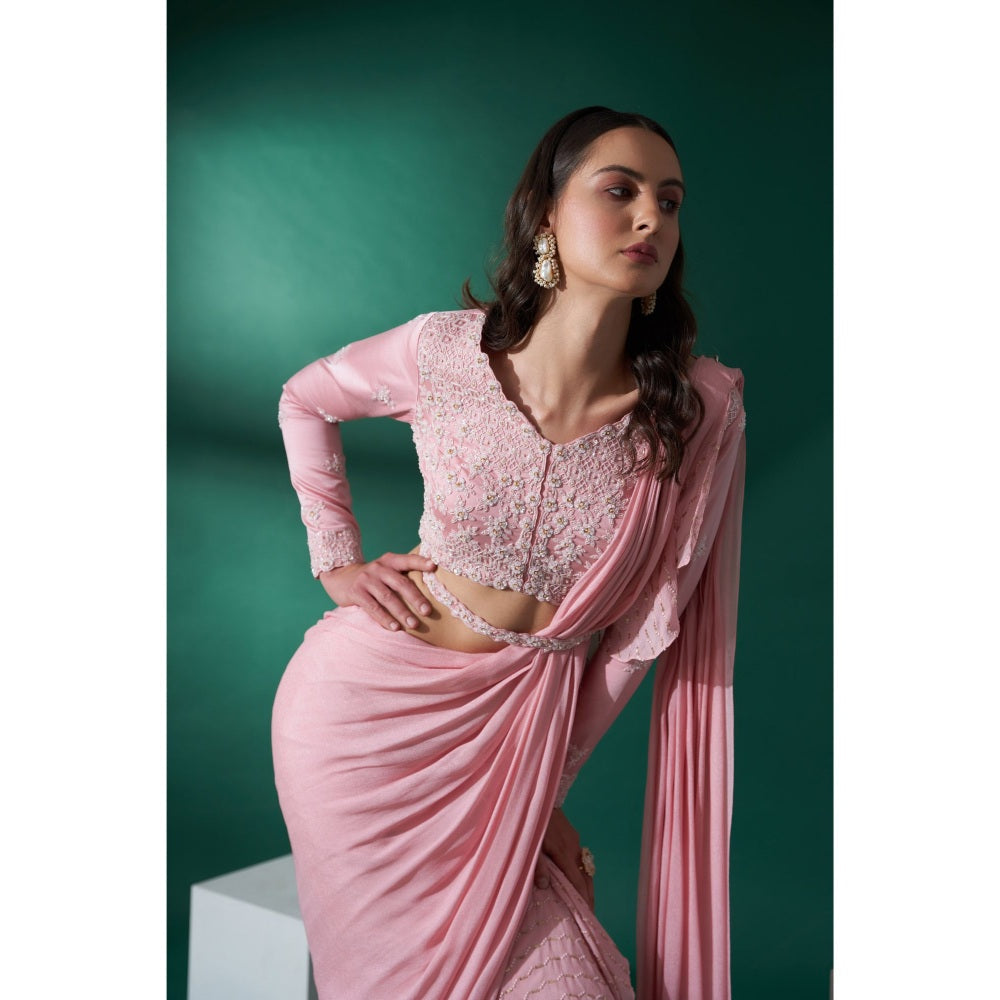 Suruchi Parakh Pink Embroidered Pre Drape Saree and Blouse with Stitched