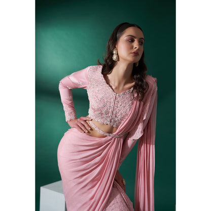 Suruchi Parakh Pink Embroidered Pre Drape Saree and Blouse with Stitched