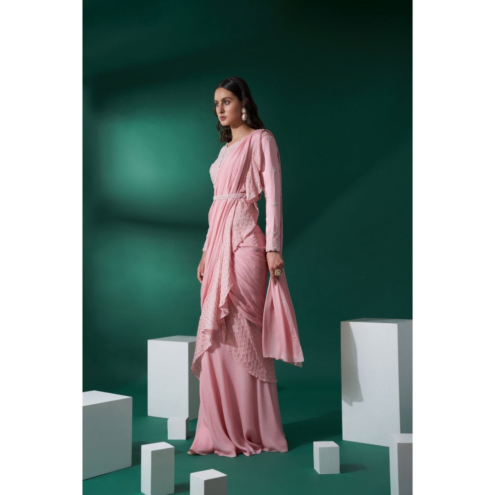 Suruchi Parakh Pink Embroidered Pre Drape Saree and Blouse with Stitched