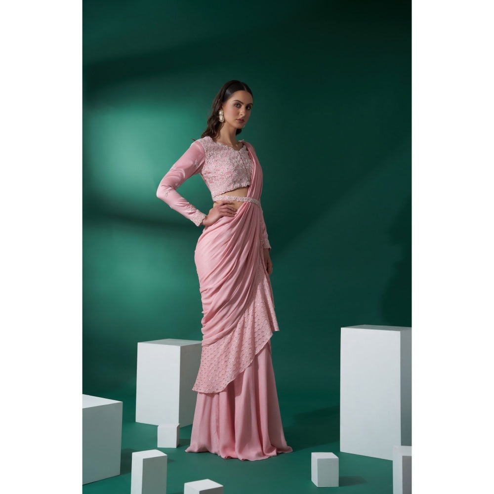 Suruchi Parakh Pink Embroidered Pre Drape Saree and Blouse with Stitched
