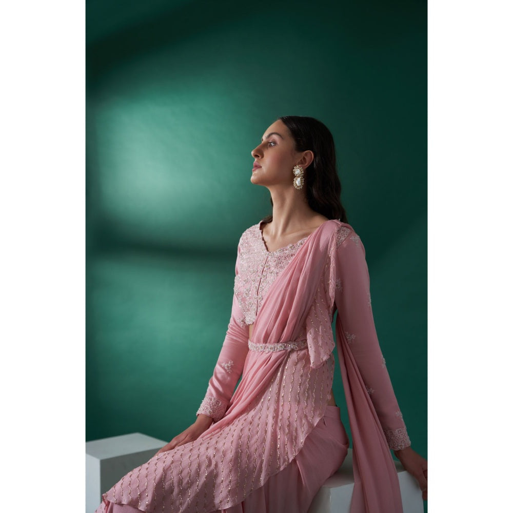 Suruchi Parakh Pink Embroidered Pre Drape Saree and Blouse with Stitched