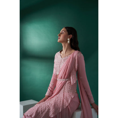 Suruchi Parakh Pink Embroidered Pre Drape Saree and Blouse with Stitched