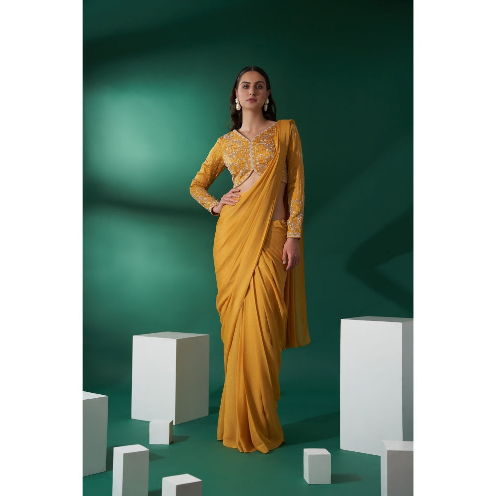 Suruchi Parakh Mustard Embroidered Pre Drape Saree and Blouse with Stitched