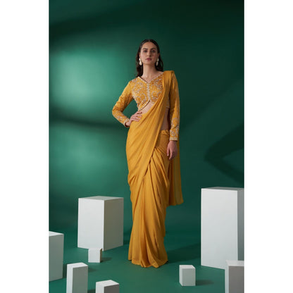 Suruchi Parakh Mustard Embroidered Pre Drape Saree and Blouse with Stitched
