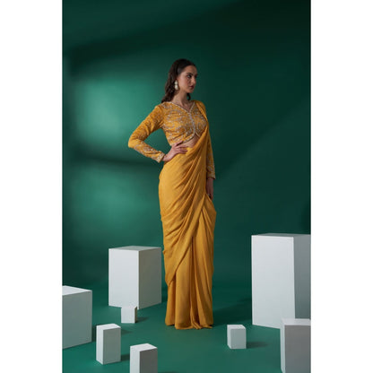 Suruchi Parakh Mustard Embroidered Pre Drape Saree and Blouse with Stitched