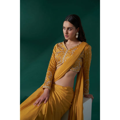 Suruchi Parakh Mustard Embroidered Pre Drape Saree and Blouse with Stitched