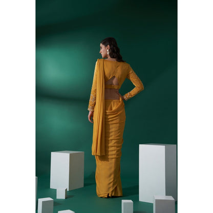 Suruchi Parakh Mustard Embroidered Pre Drape Saree and Blouse with Stitched