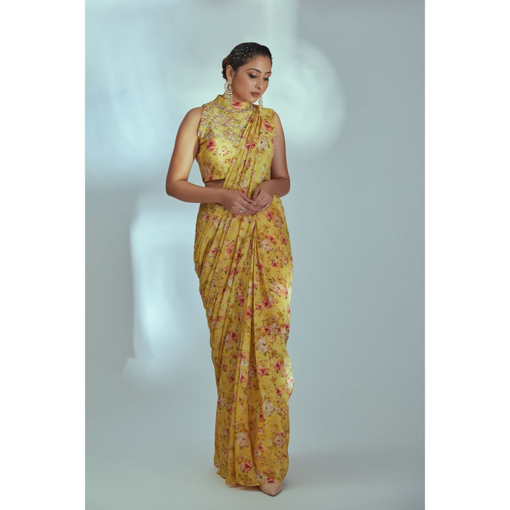 Suruchi Parakh Yellow Floral Print Pre Drape Saree and Blouse with Stitched