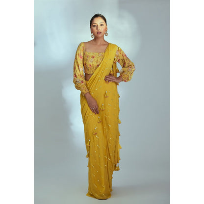Suruchi Parakh Yellow Embellished Pre Drape Saree and Blouse with Stitched
