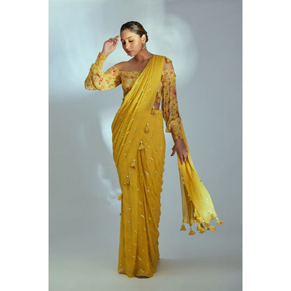 Suruchi Parakh Yellow Embellished Pre Drape Saree and Blouse with Stitched
