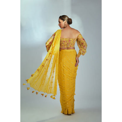 Suruchi Parakh Yellow Embellished Pre Drape Saree and Blouse with Stitched