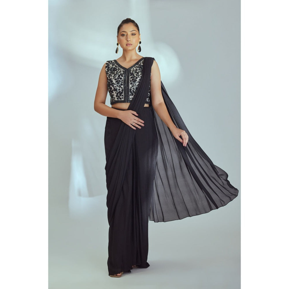 Suruchi Parakh Black Embellished Pre Drape Saree and Blouse with Stitched