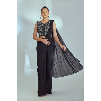 Suruchi Parakh Black Embellished Pre Drape Saree and Blouse with Stitched