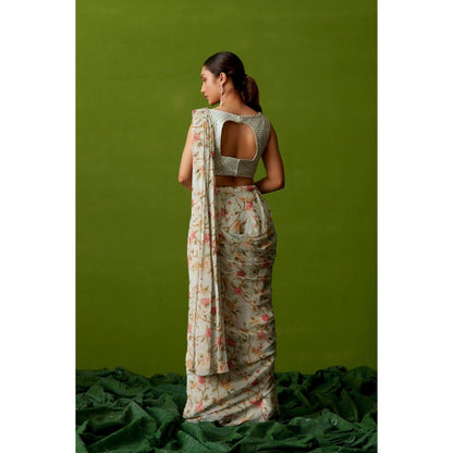 Suruchi Parakh Blue Floral Print Pre Drape Saree and Blouse with Stitched