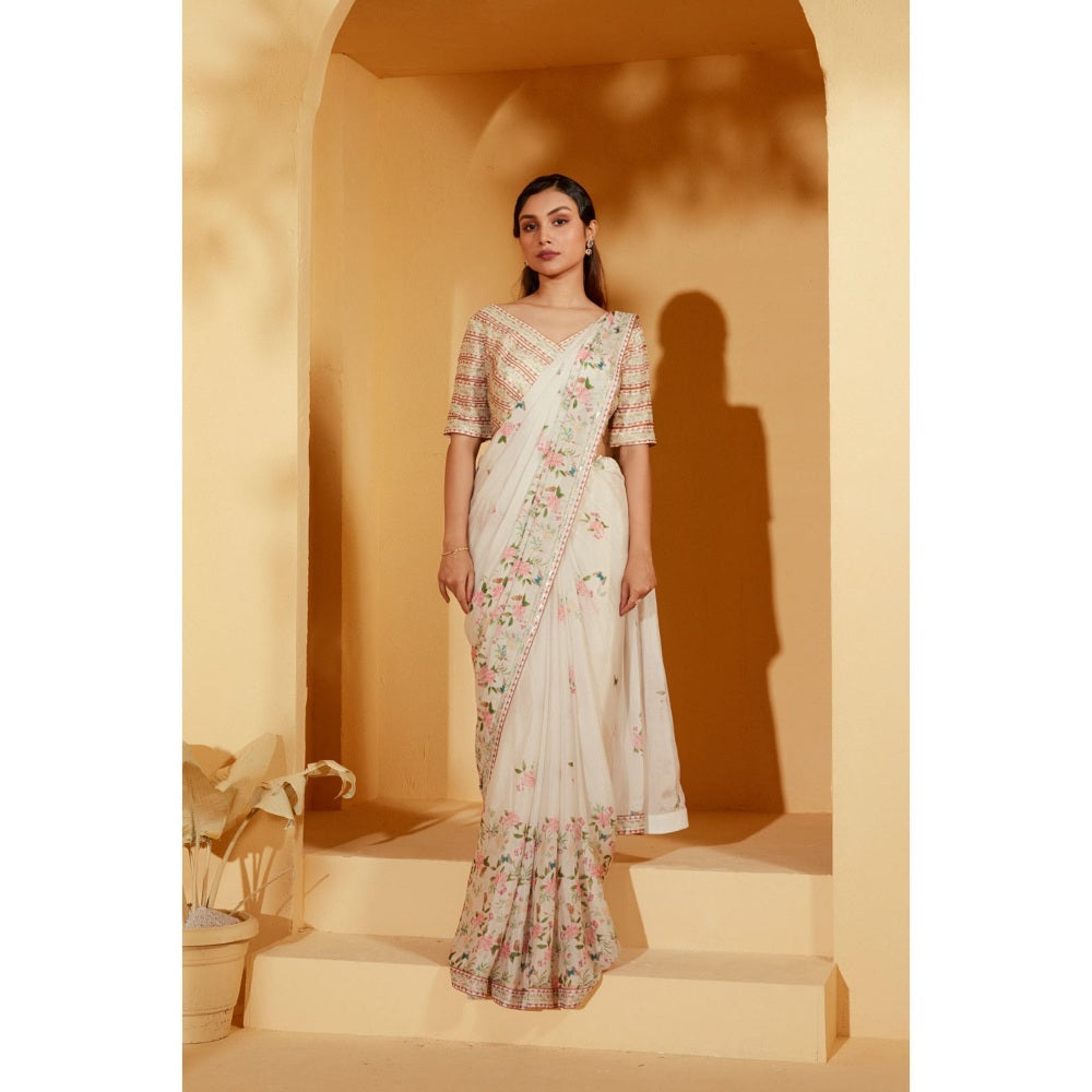 Suruchi Parakh Off White Embellished Pre Drape Saree and Blouse with Stitched