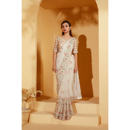 Suruchi Parakh Off White Embellished Pre Drape Saree and Blouse with Stitched