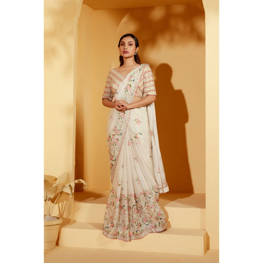 Suruchi Parakh Off White Embellished Pre Drape Saree and Blouse with Stitched