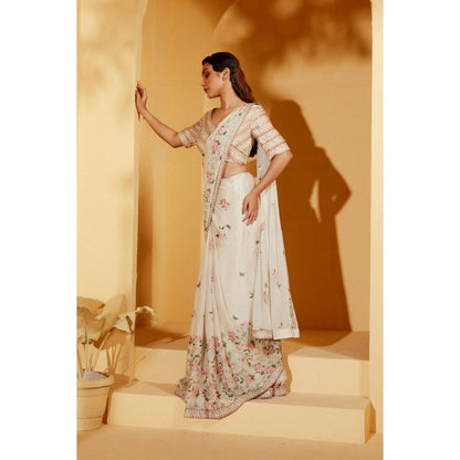 Suruchi Parakh Off White Embellished Pre Drape Saree and Blouse with Stitched