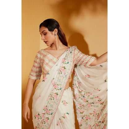 Suruchi Parakh Off White Embellished Pre Drape Saree and Blouse with Stitched