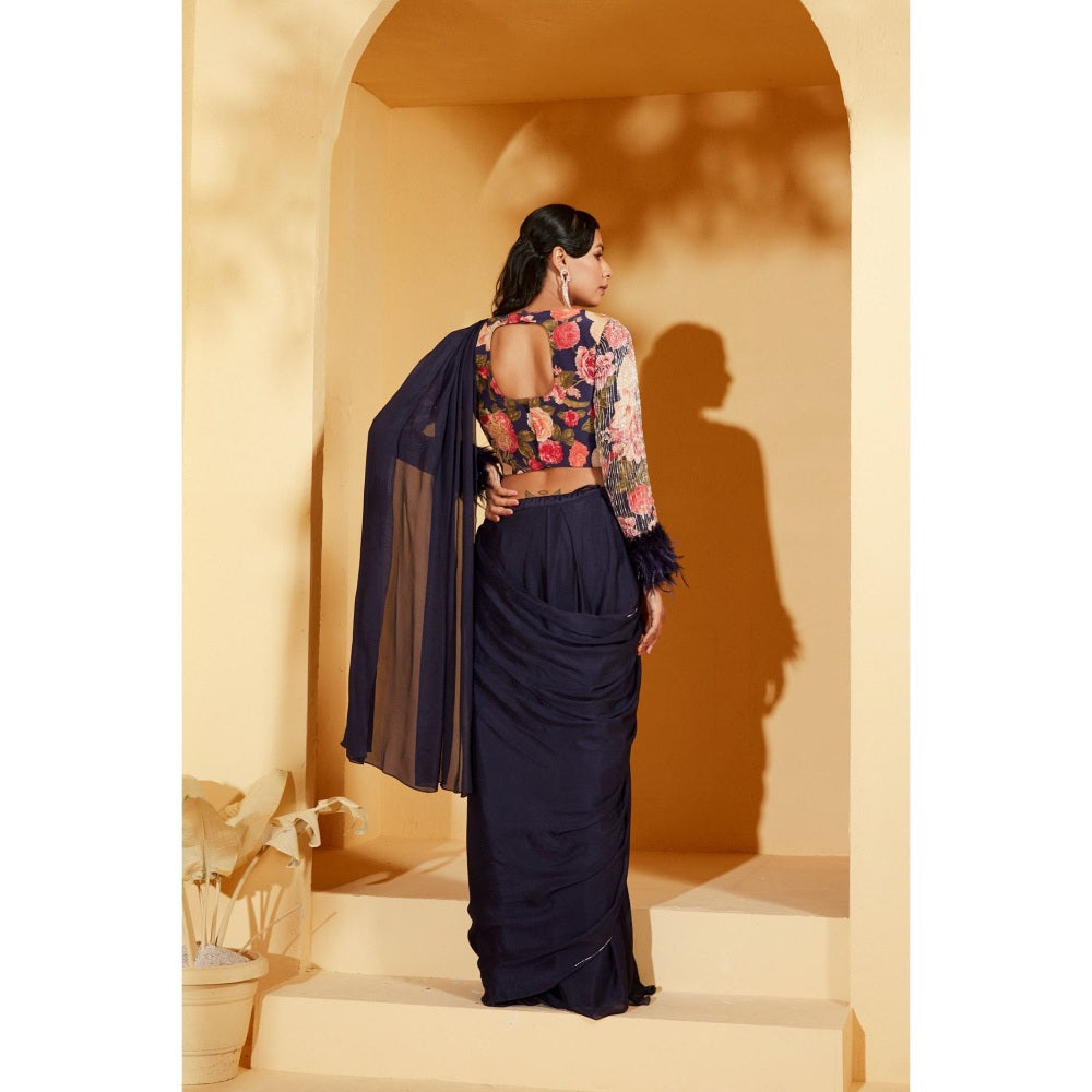 Suruchi Parakh Navy Blue Embellished Pre Drape Saree and Blouse with Stitched