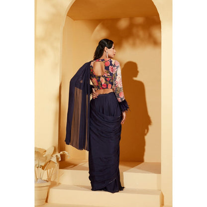Suruchi Parakh Navy Blue Embellished Pre Drape Saree and Blouse with Stitched