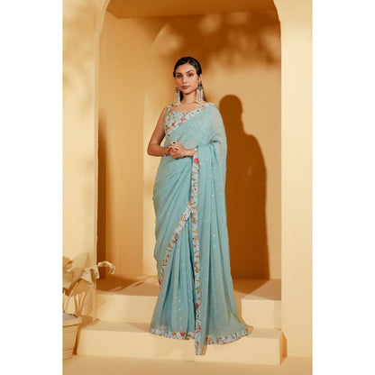 Suruchi Parakh Blue Embroidered Saree with Petticoat and Blouse with Stitched