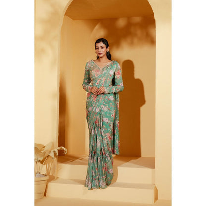 Suruchi Parakh Turquoise Floral Print Pre Drape Saree and Blouse with Stitched