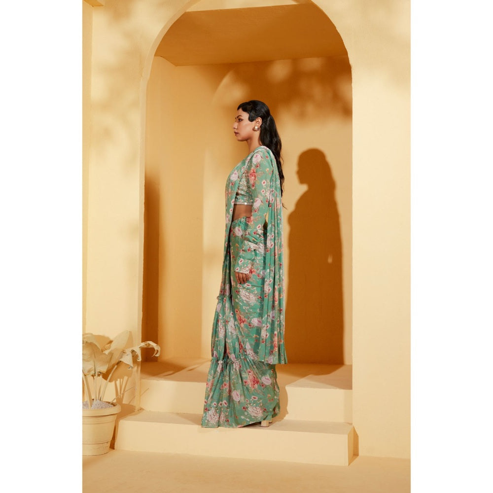 Suruchi Parakh Turquoise Floral Print Pre Drape Saree and Blouse with Stitched
