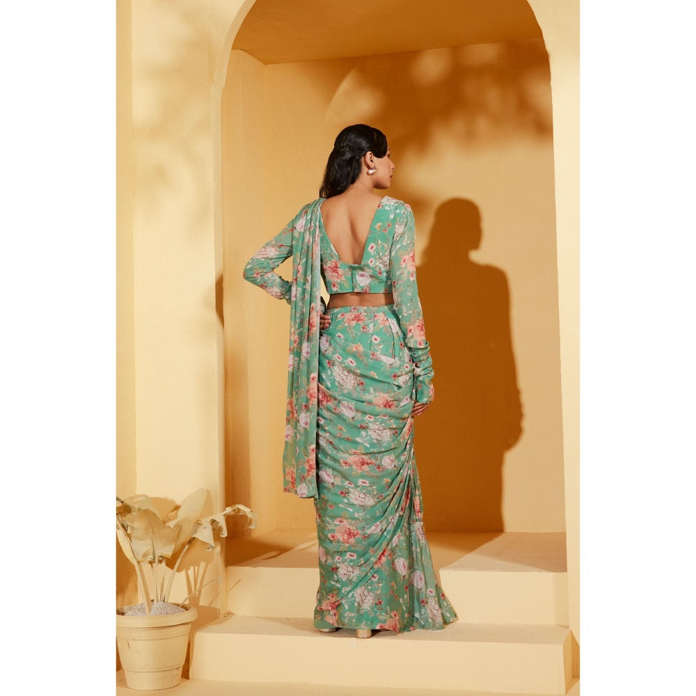 Suruchi Parakh Turquoise Floral Print Pre Drape Saree and Blouse with Stitched