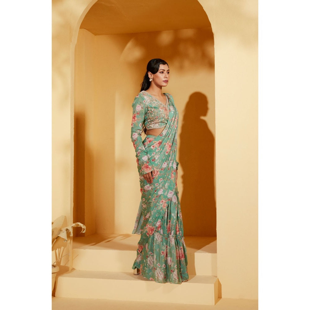 Suruchi Parakh Turquoise Floral Print Pre Drape Saree and Blouse with Stitched