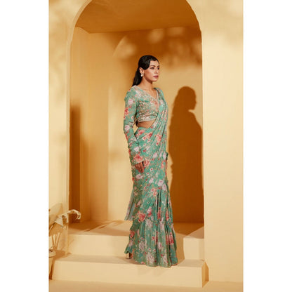 Suruchi Parakh Turquoise Floral Print Pre Drape Saree and Blouse with Stitched