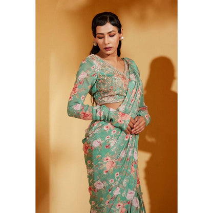 Suruchi Parakh Turquoise Floral Print Pre Drape Saree and Blouse with Stitched