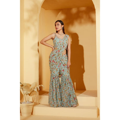 Suruchi Parakh Turquoise Embellished Pre Drape Saree and Blouse with Stitched