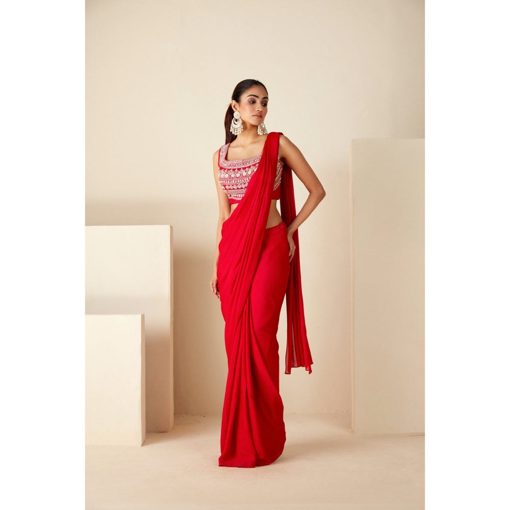 Suruchi Parakh Red Embroidered Pre Drape Sarees and Blouse with Stitched