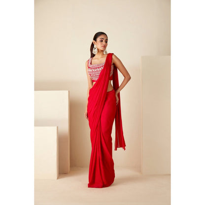 Suruchi Parakh Red Embroidered Pre Drape Sarees and Blouse with Stitched