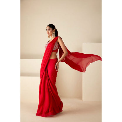 Suruchi Parakh Red Embroidered Pre Drape Sarees and Blouse with Stitched