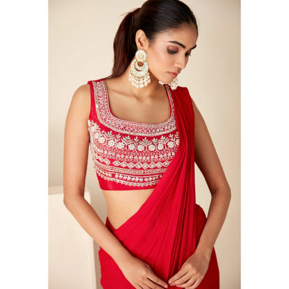 Suruchi Parakh Red Embroidered Pre Drape Sarees and Blouse with Stitched