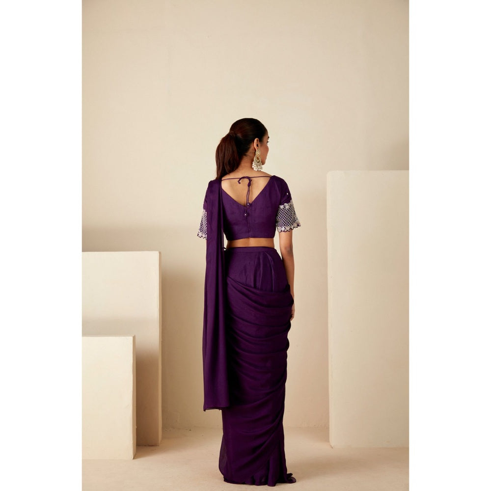 Suruchi Parakh Purple Embroidered Pre Drape Sarees and Blouse with Stitched