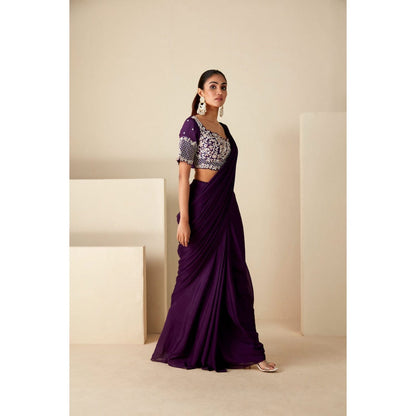Suruchi Parakh Purple Embroidered Pre Drape Sarees and Blouse with Stitched