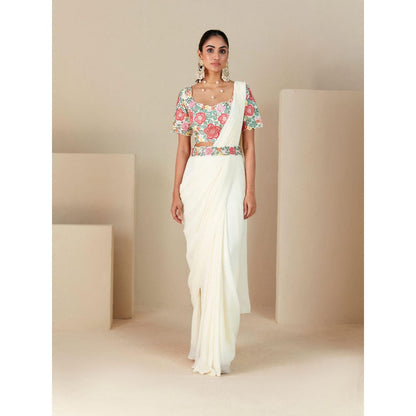Suruchi Parakh Off White Embroidered Pre Drape Sarees with Blouse and Belt with Stitched
