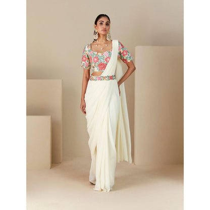 Suruchi Parakh Off White Embroidered Pre Drape Sarees with Blouse and Belt with Stitched